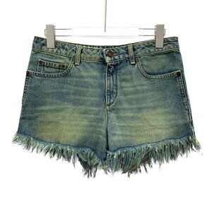 Saint Laurent (YSL) Blue Washed Distressed Cotton Fringe Casual Denim Shorts
